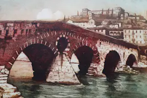 Eugene Lucker - Grote kleuren ets & aquatint "Ponte Pietra Verona" kleine oplage (50) kaufen? Bieten Sie von 45!