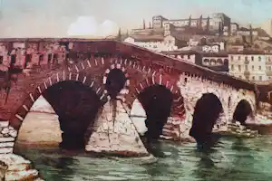 Eugene Lucker - Grote kleuren ets & aquatint "Ponte Pietra Verona" kleine oplage (50) kopen? Bied vanaf 45!