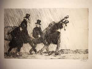 Georg Erler - (1871-1950) orig. Radierung," Musikanten im Regen", signiert verkocht voor € 75!