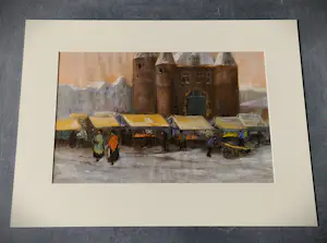 Cornelis de Bruin - ca. 1920 - sfeervolle pastel "Winters Amsterdam Nieuwmarkt" gesigneerd kaufen? Bieten Sie von 58!