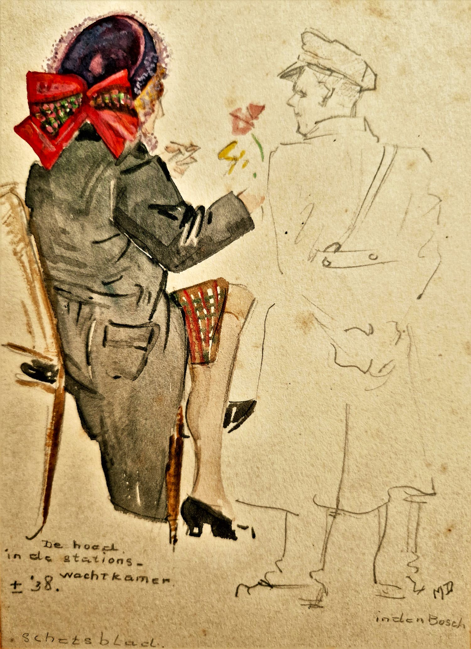 Mies Deinum - Leuke aquarel/ tekening "stationsrestauratie den Bosch" 1938 - gesigneerd verkocht voor € 37!