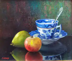 Clement Sielens - Stilleven met fruit en theekopje verkocht voor € 60!
