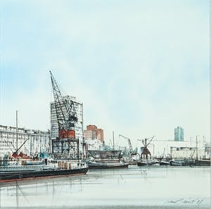 Ciano Siewert - Aquarel, Z.T. (haven van Rotterdam) - Ingelijst kopen? Bied vanaf 100!