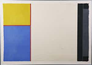 Geerhard Kuipers - Houtsnede, Compositie met blauw en geel - Ingelijst verkocht voor € 1!