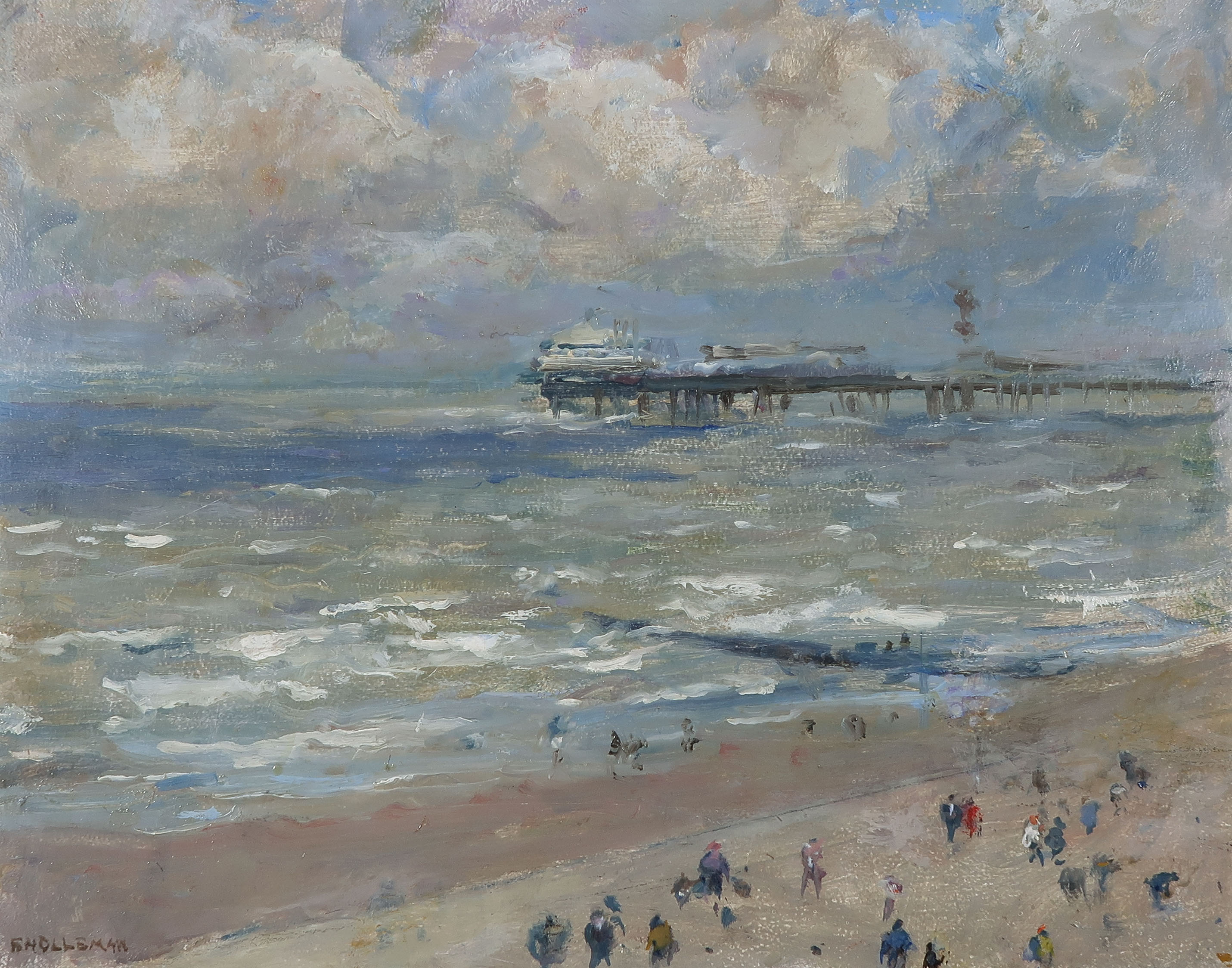 Frida Holleman - Olieverf op hardboard, Pier van Scheveningen - Ingelijst kopen? Bied vanaf 1000!