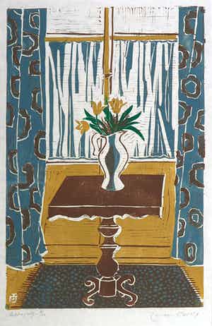 Jeanne Bieruma Oosting - Linosnede, Stilleven verkocht voor € 70!