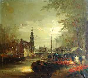 Jan Bevort - Olieverf op doek , Bloemenmarkt Singel Amsterdam – restauratieproject – 70x80 cm verkocht voor € 75!