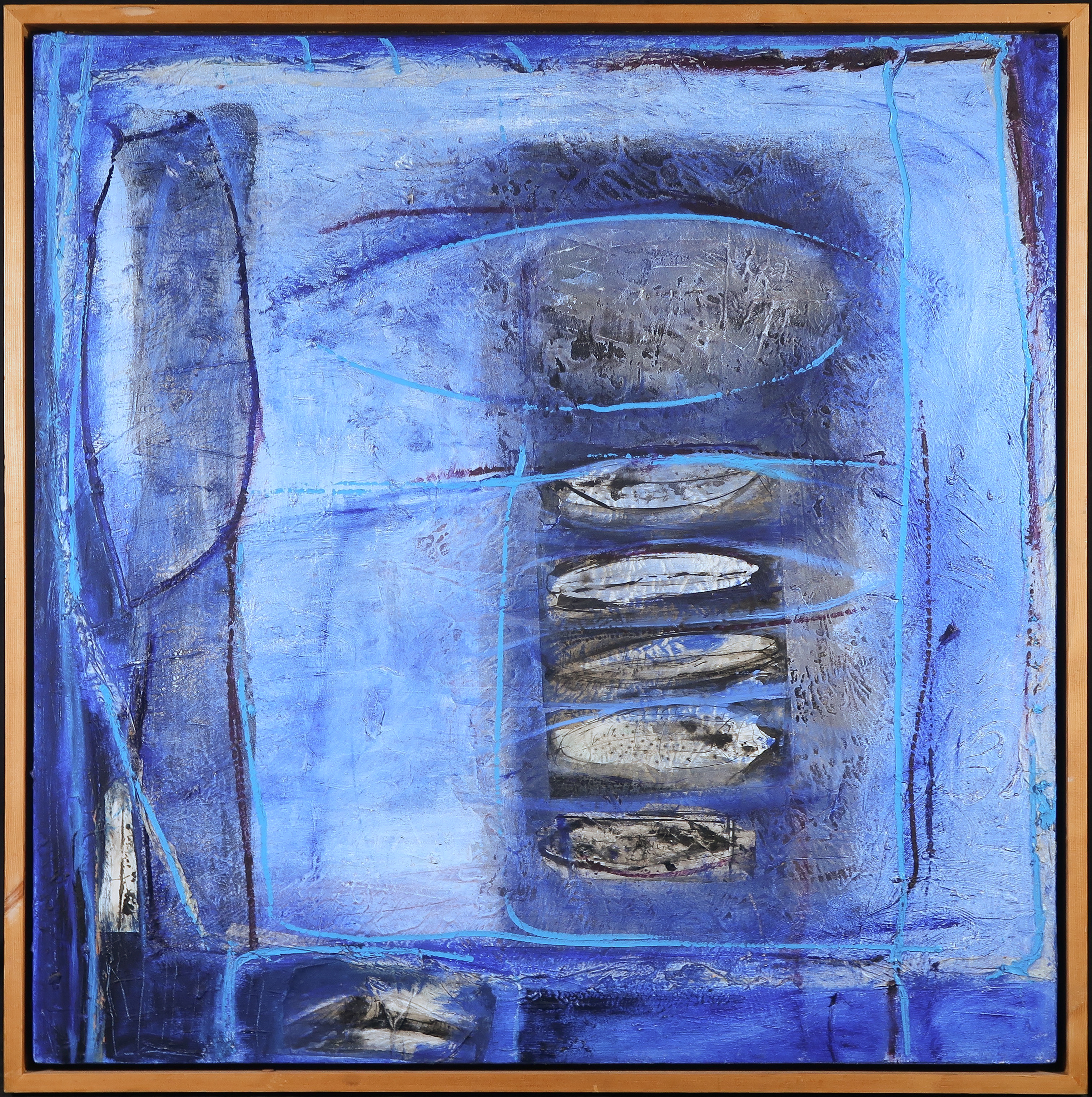 Vera van Heusden - Olieverf en papiercollage op doek, Blauwe compositie - Ingelijst (Groot) verkocht voor € 250!