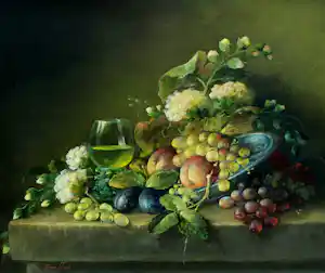 Thomas Heesakkers - Olieverf op doek: Stilleven met bloemen en druiven (nette lijst!) verkauft für € 499!