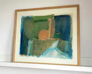 Gjalt Walstra - Uniek werk in gemengde techniek (inkt & collage), Abstract landschap met zon verkocht voor € 50!
