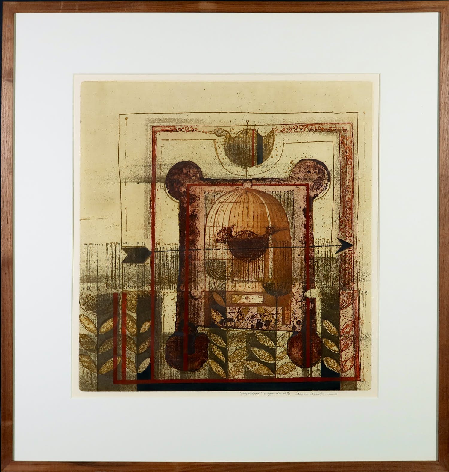 Anne Huitema - Ets en aquatint, Vogelkooi - Ingelijst verkocht voor € 40!