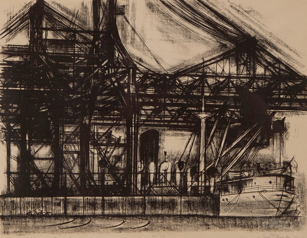 Eduard van Zanden -  Transportkranen Rotterdam - Houtsnede op papier - BKR Rotterdam kopen? Bied vanaf 10!
