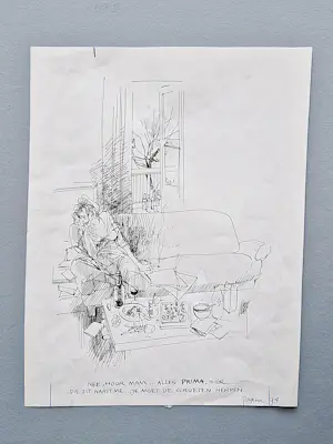 Peter van Straaten - jaren 70 inkt tekening "Nee hoor Mam... alles prima hier" gesigneerd kopen? Bied vanaf 67!