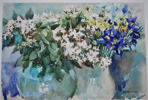 Leo Vierhout - wilde bloemen [irissen] in vazen - fraai ingelijst kopen? Bied vanaf 125!
