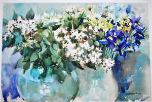 Leo Vierhout - wilde bloemen [irissen] in vazen - fraai ingelijst verkocht voor € 125!