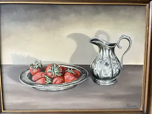 Rob Stoffer - Olieverf op paneel, Stilleven met kan en aardbeien - Ingelijst kopen? Bied vanaf 55!