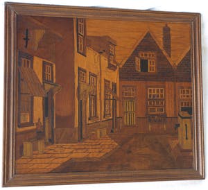 Curiosa - Houtsnijwerk / mozaïek , Stadsgezicht – ingelijst - oud kopen? Bied vanaf 1!
