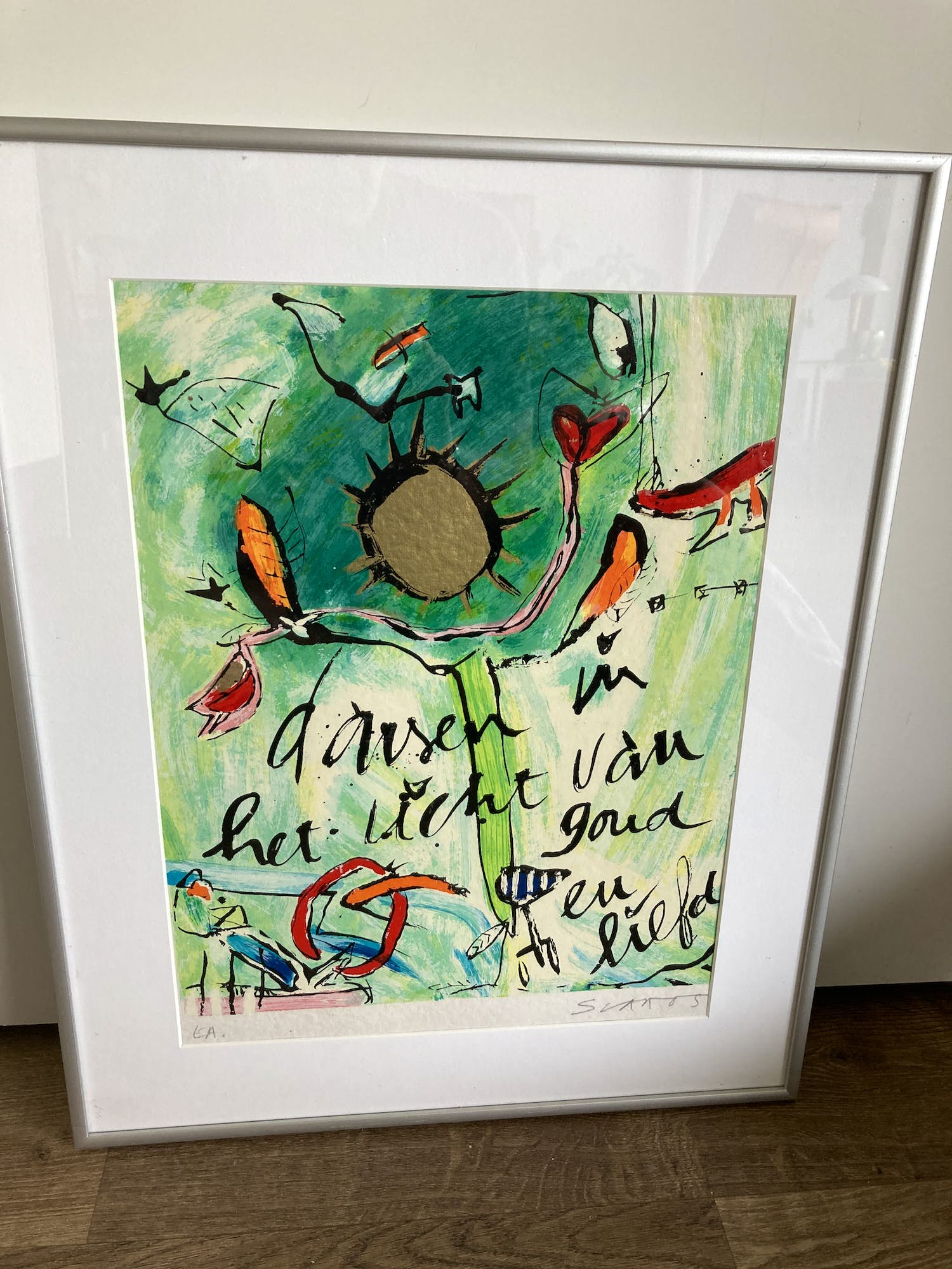 Miriam Slaats - Kleurenzeefdruk ‘ Dansen in het licht van goud en liefde ‘ verkocht voor € 70!