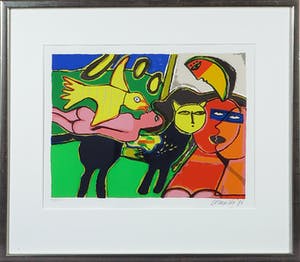 Corneille - Zeefdruk , Femme orange et l'oiseau jaune - Ingelijst kopen? Bied vanaf 1!