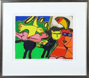 Corneille - Zeefdruk , Femme orange et l'oiseau jaune - Ingelijst verkocht voor € 1!