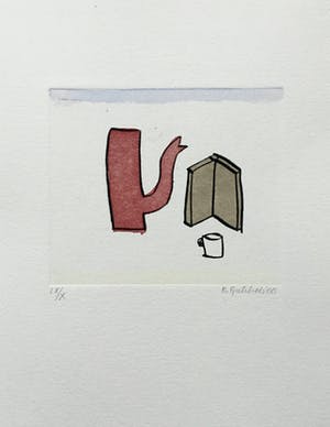 Klaas Gubbels - ets met aquarel ingekleurd - ‘Rode kan met boek’ kopen? Bied vanaf 245!