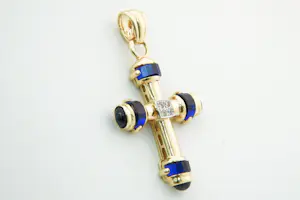24-  Grote & massief 18 krt geel-gouden Kruis hanger met gefacett. blauwe stenen kopen? Bied vanaf 570!