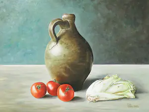 Rob Stoffer - Olieverf op paneel, Stilleven met kan, tomaat en witlof - Ingelijst kopen? Bied vanaf 1!