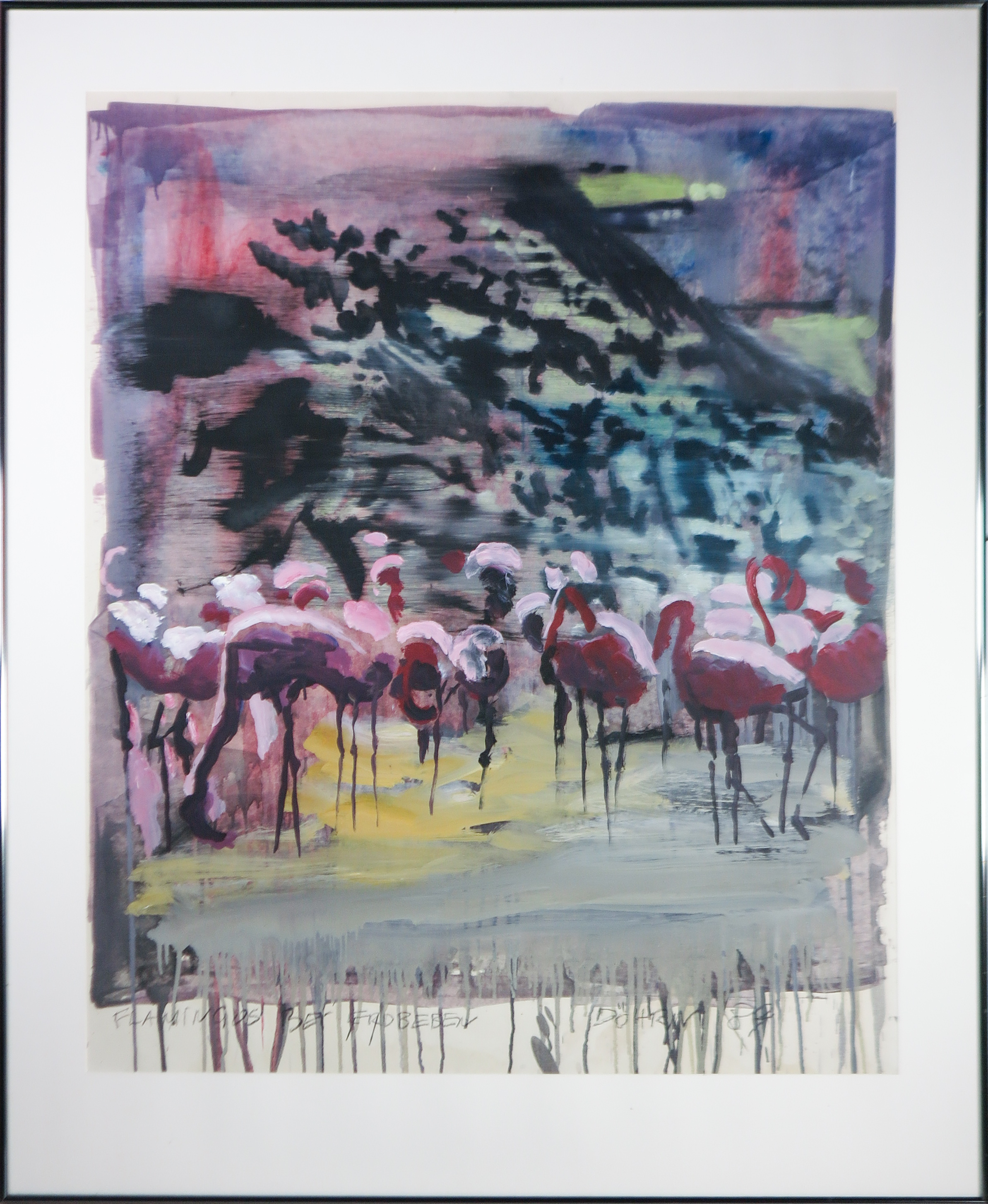 Hardy Döhrn - Acryl op papier, Flamingos bei Erdbeben - Ingelijst kaufen? Bieten Sie von 100!