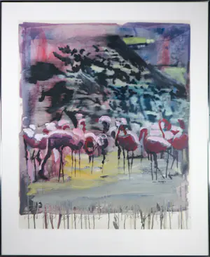 Hardy Döhrn - Acryl op papier, Flamingos bei Erdbeben - Ingelijst kaufen? Bieten Sie von 100!