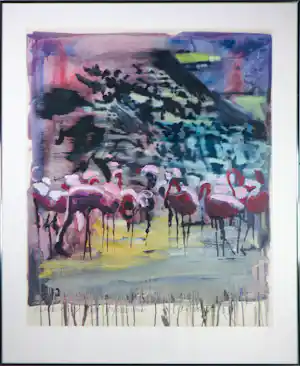 Hardy Döhrn - Acryl op papier, Flamingos bei Erdbeben - Ingelijst kaufen? Bieten Sie von 100!