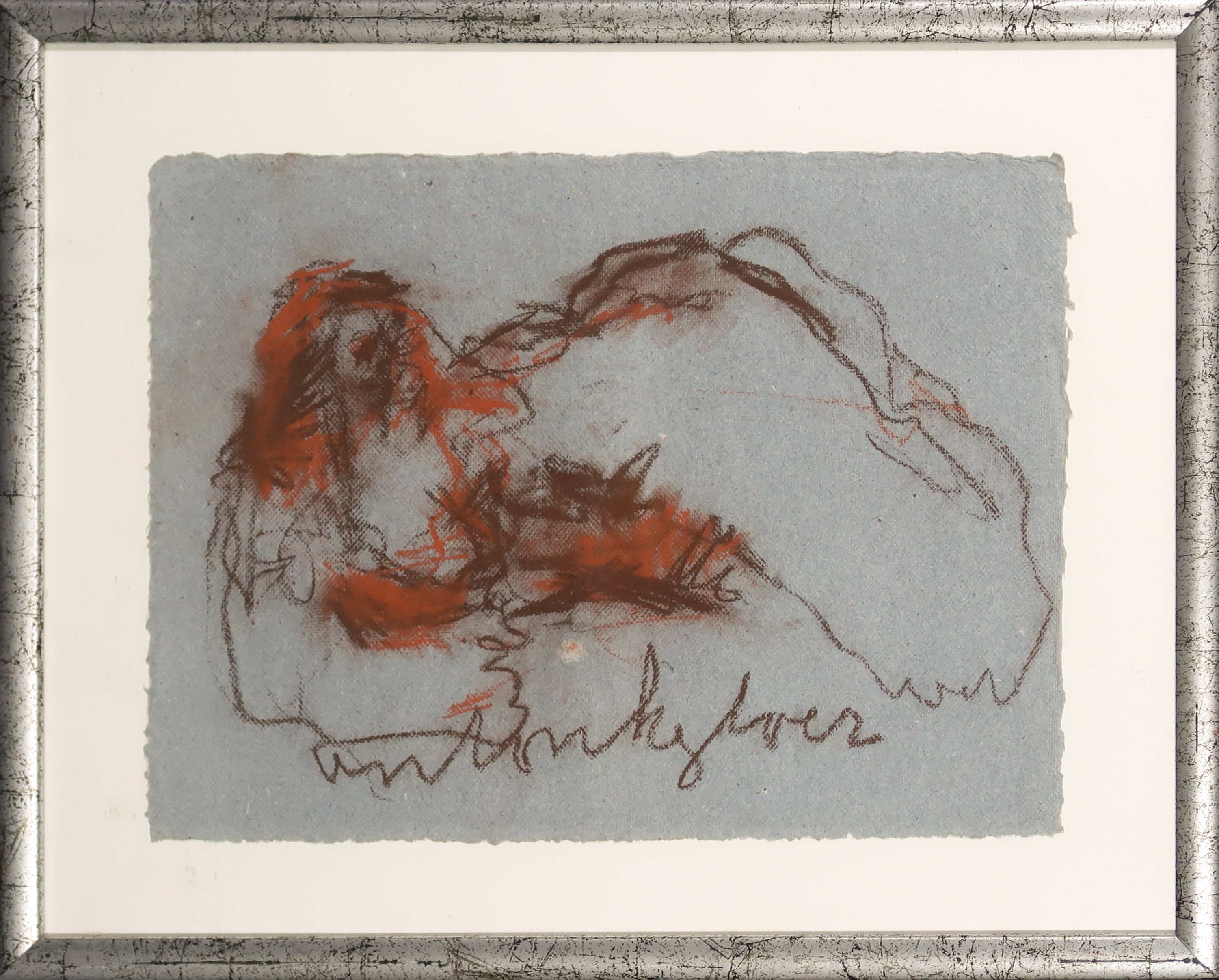 Anton Heyboer - Krijt op geschept papier, Compositie bruin en rood Ingelijst verkocht voor € 180!