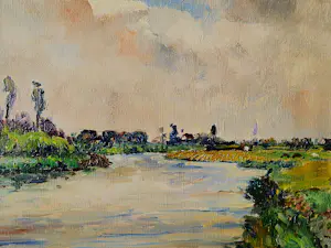 Reijer Murman - een pasteus geschilderd olieverf "Betuwe rivierlandschap" in originele lijst kopen? Bied vanaf 69!