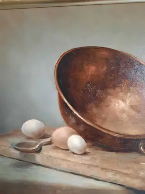 Niet of onleesbaar gesigneerd - L.Polak stilleven met ketel en eieren kopen? Bied vanaf 1!