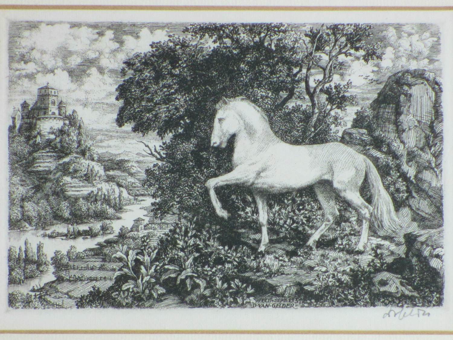 Dirk van Gelder - Wit paard in Arcadisch landschap - Gravure kopen? Bied vanaf 75!
