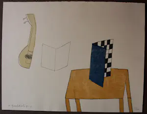 Klaas Gubbels - Kleurenlitho: Stilleven met tafel, gevouwen schaakbord en gitaar kopen? Bied vanaf 399!
