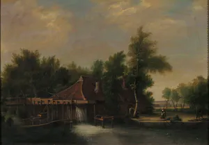Niet of onleesbaar gesigneerd - Olieverf op doek, Landschap met waterrad - Ingelijst kopen? Bied vanaf 1!