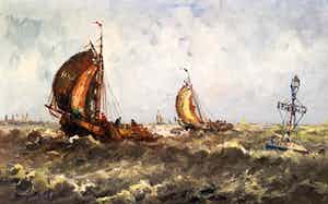 Willem Bos - Boten bij boei op woelige zee, olieverf op doek (mooi ingelijst, groot) verkocht voor € 1!