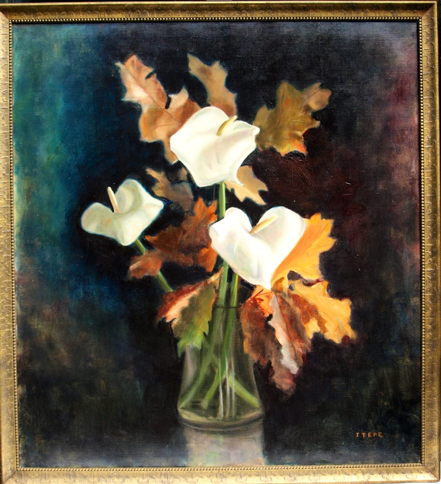 Josefa Tepe - Olieverf op doek , Aronskelken , bloemstilleven - ingelijst 102 x 94 cm. verkocht voor € 500!