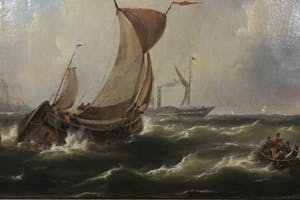 Govert van Emmerik - Olieverf op doek, Schepen op woelige zee bij Dordrecht - Ingelijst kopen? Bied vanaf 500!