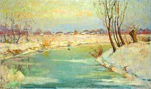 Niet of onleesbaar gesigneerd - Olieverf op doek, Winterlandschap verkocht voor € 1!