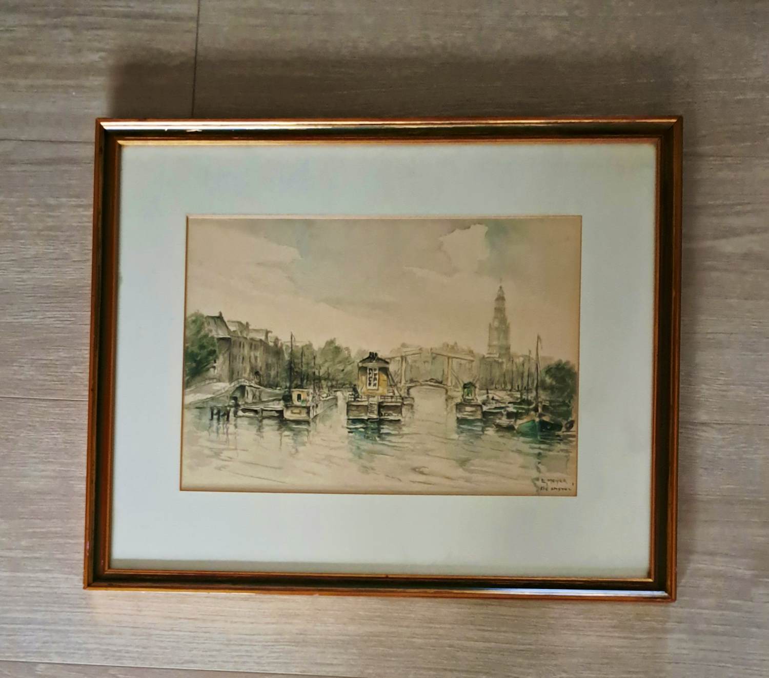 Emile Meyer - Aquarel van "de Amstel" in Amsterdam kopen? Bied vanaf 75!