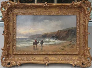 George H. Jenkins - Olieverf op paneel, Strandgezicht met figuren - Ingelijst kopen? Bied vanaf 100!