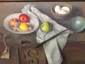 Jan Schouten - Stilleven met een Sleutel en een schaal met eieren en een schaal met Appels kopen? Bied vanaf 150!