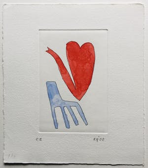 Klaas Gubbels - ets met aquarel ingekleurd ‘Hartekan op stoel’ - 2000 kopen? Bied vanaf 225!