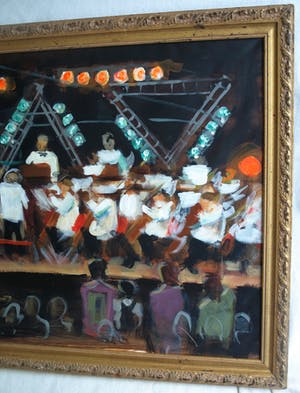 Niet of onleesbaar gesigneerd - Groot , ingelijst acrylverf op doek , Het concert – 1998 - 81 x 111 cm kopen? Bied vanaf 1!