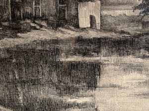 Niet of onleesbaar gesigneerd - omstreeks 1920 - Pointillistische Inkt tekening - Huis aan rivier - gesigneerd kopen? Bied vanaf 1!