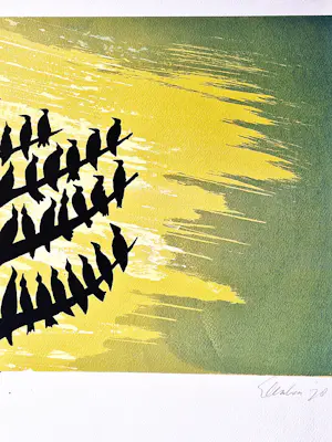 Wally Elenbaas - Dubbele kleuren lithografie "Nachtvissers & Vogels in boom" zeer kleine oplage! kopen? Bied vanaf 57!