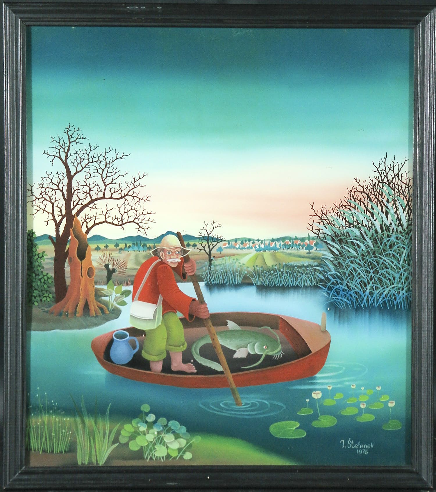 Ivan Stefanek - Achterglas schildering, Visser in bootje - Ingelijst verkocht voor € 150!