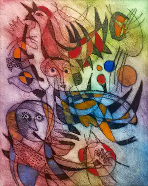 Jan Cobbaert - CoBrA figuren, handgekleurde aquatint ets (mooi ingelijst, zeer kleine oplage) vendu pour 1000€ !