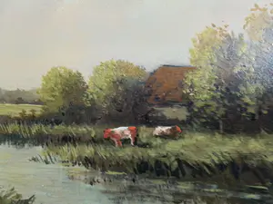 Niet of onleesbaar gesigneerd - 2 fraaie landschapsschilderijtjes met koeien en eenden kopen? Bied vanaf 1!